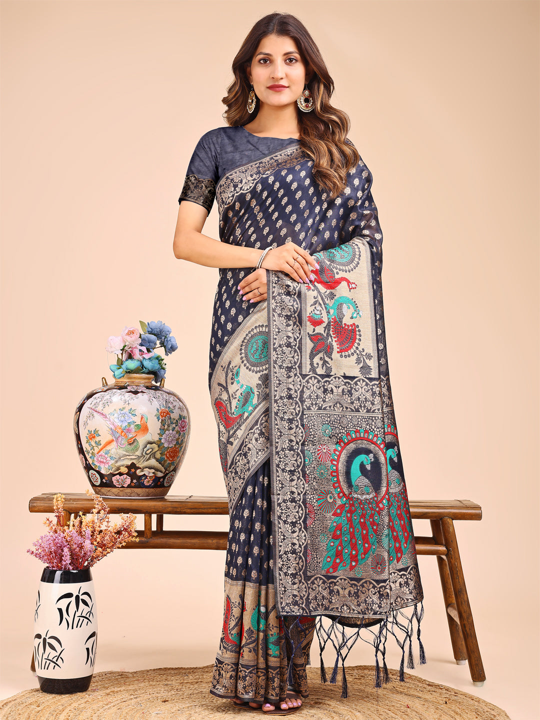 Astita Majestic Navy Blue Linen Cotton Saree with Royal Peacock Pallu - A Celebration of Heritage and Grace - Distacart