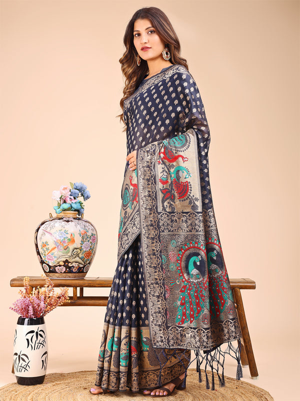 Astita Majestic Navy Blue Linen Cotton Saree with Royal Peacock Pallu - A Celebration of Heritage and Grace - Distacart
