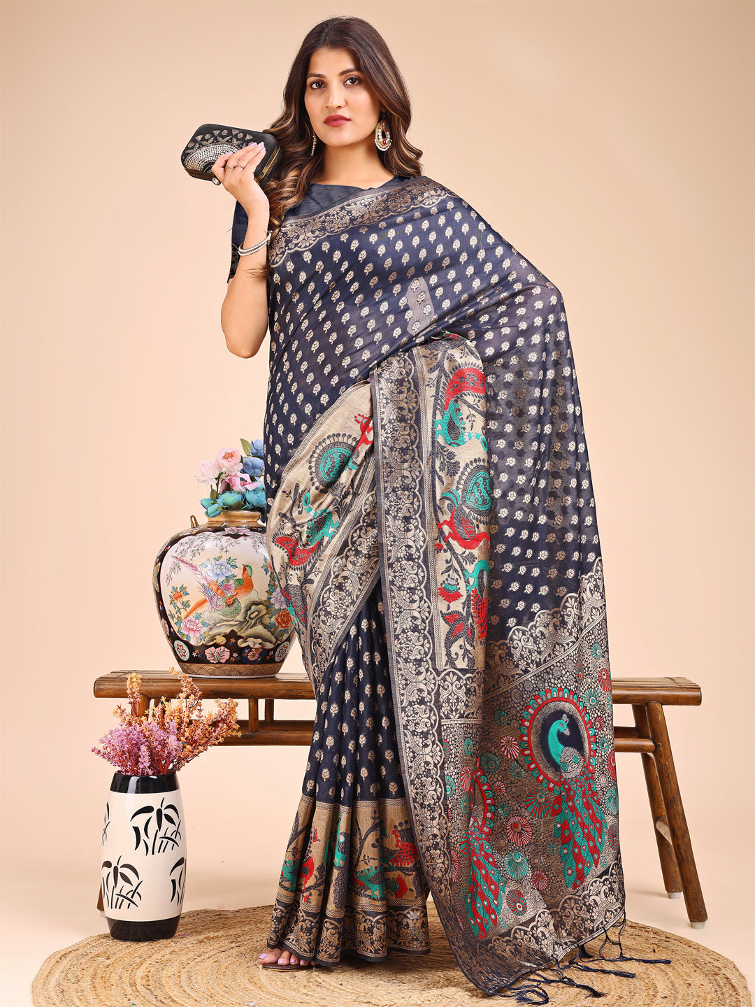 Astita Majestic Navy Blue Linen Cotton Saree with Royal Peacock Pallu - A Celebration of Heritage and Grace - Distacart