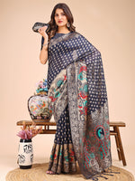 Thumbnail for Astita Majestic Navy Blue Linen Cotton Saree with Royal Peacock Pallu - A Celebration of Heritage and Grace - Distacart