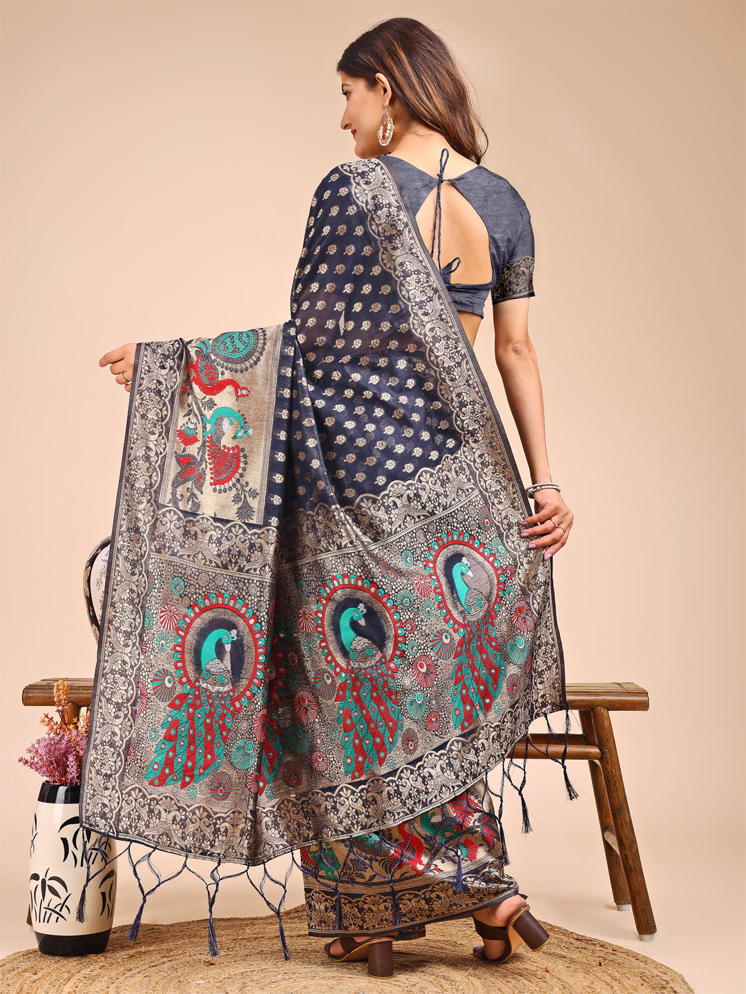 Astita Majestic Navy Blue Linen Cotton Saree with Royal Peacock Pallu - A Celebration of Heritage and Grace - Distacart