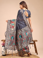Thumbnail for Astita Majestic Navy Blue Linen Cotton Saree with Royal Peacock Pallu - A Celebration of Heritage and Grace - Distacart