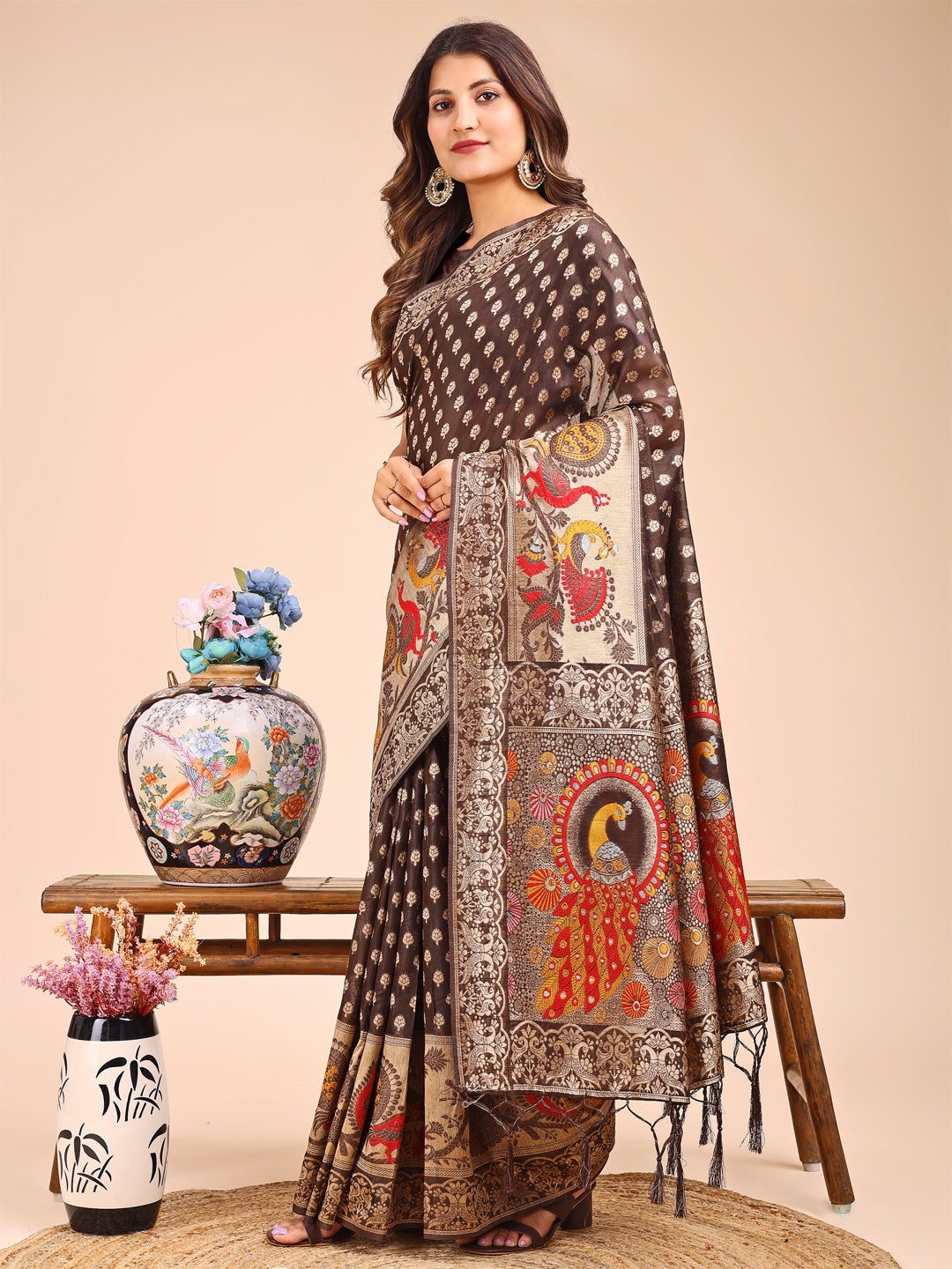 Astita Majestic Brown Linen Cotton Saree with Royal Peacock Pallu - A Celebration of Heritage and Grace - Distacart