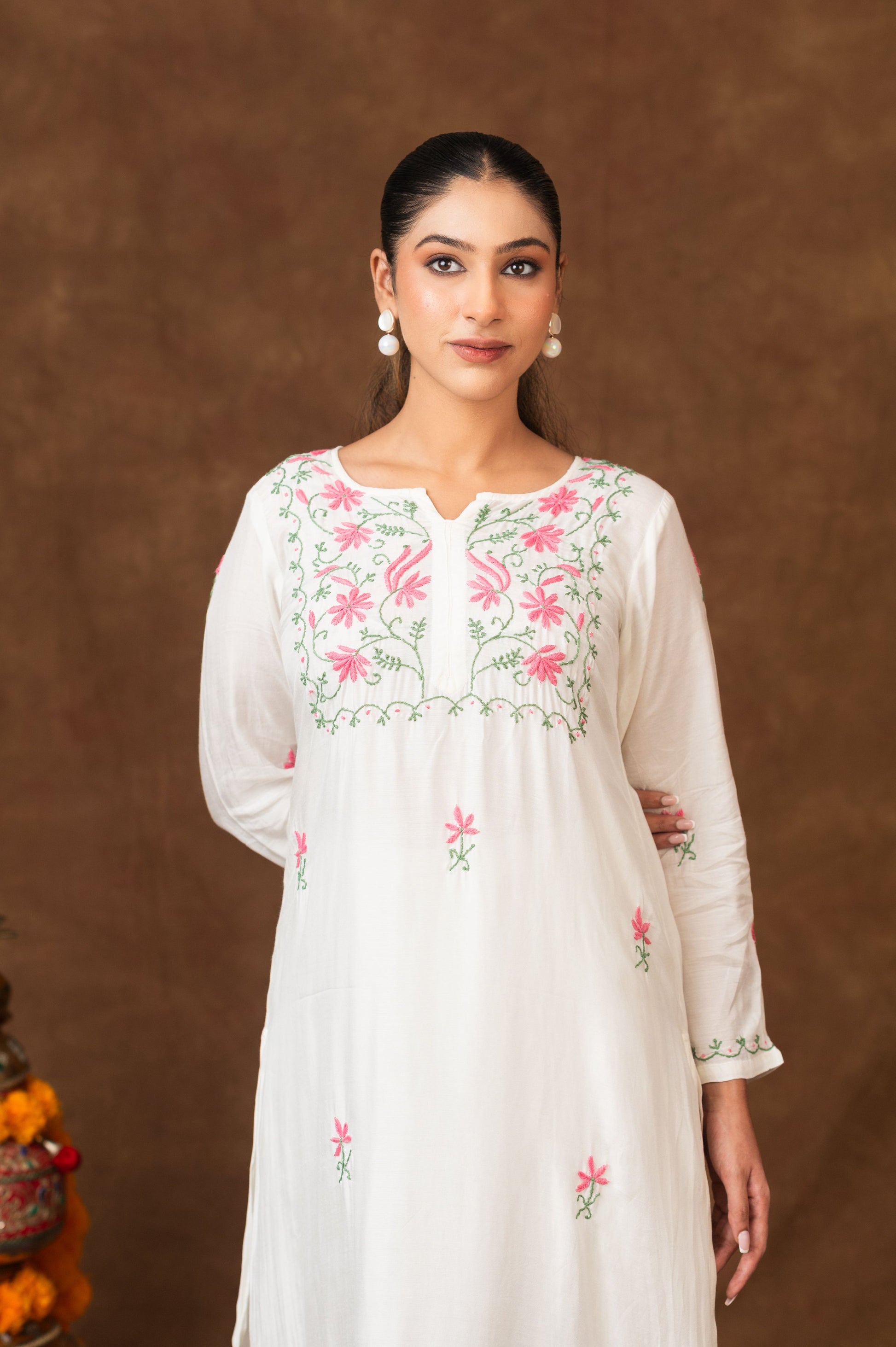 Gharana India Muslin A Line Kurta Set In Multi Colour Embroidery - Dista
