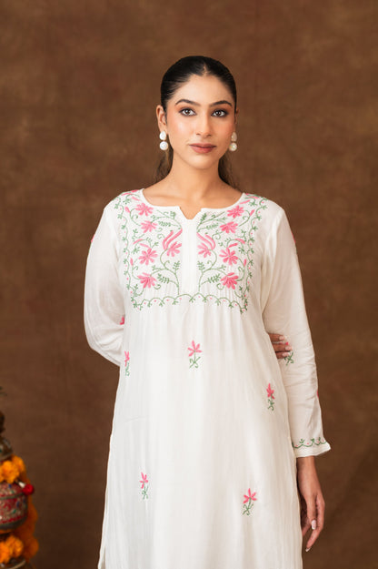 Gharana India Muslin A Line Kurta Set In Multi Colour Embroidery - Dista
