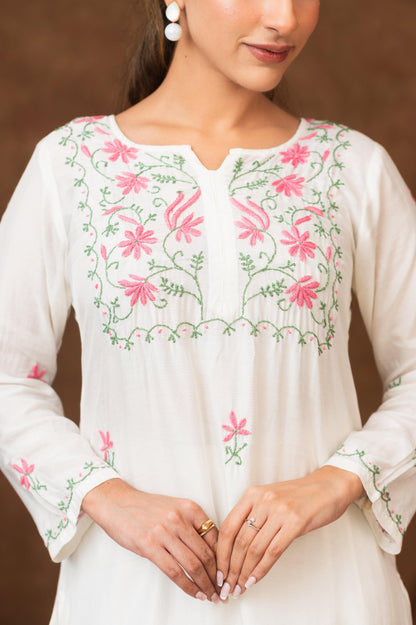 Gharana India Muslin A Line Kurta Set In Multi Colour Embroidery - Dista