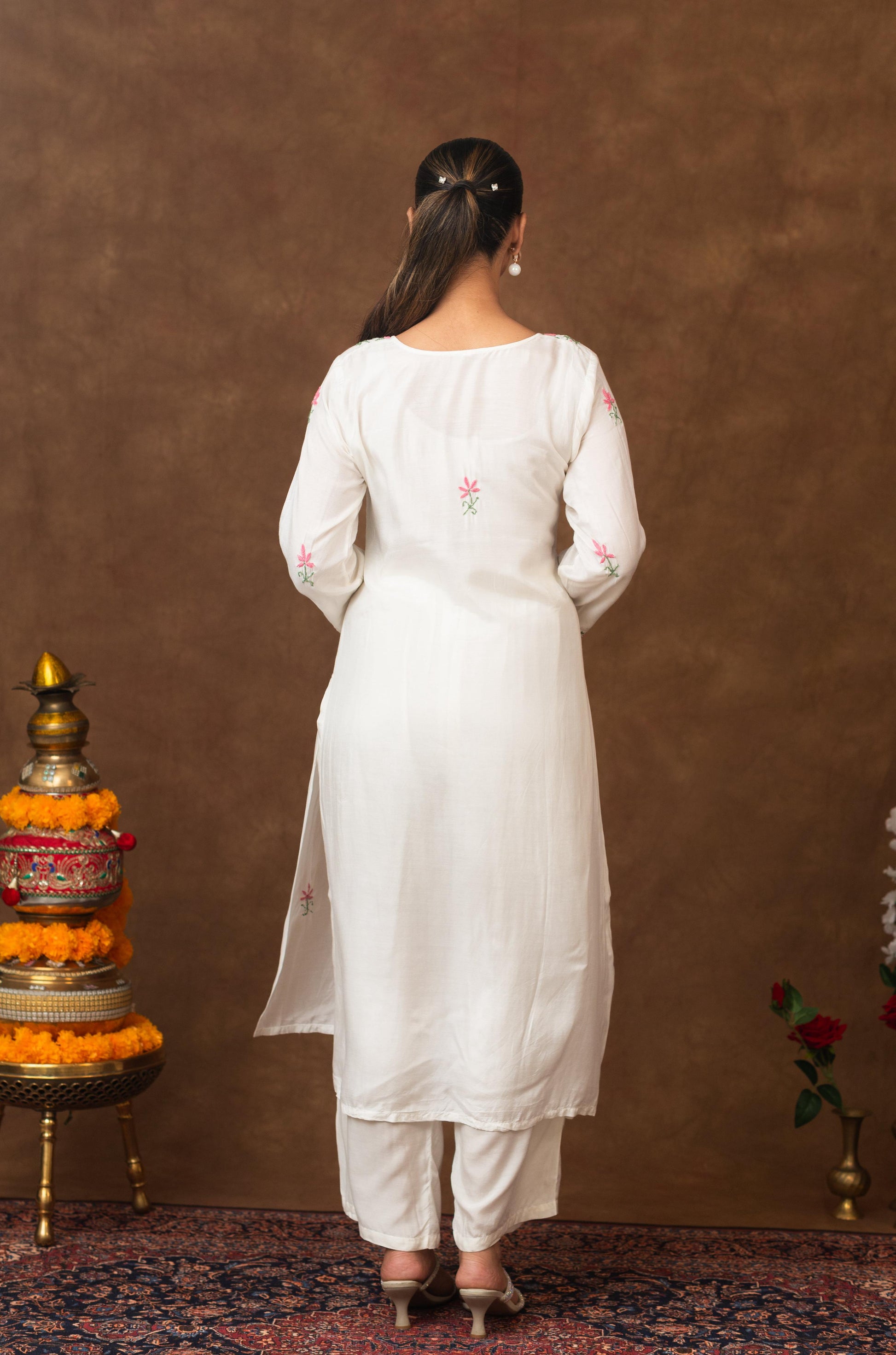 Gharana India Muslin A Line Kurta Set In Multi Colour Embroidery - Dista