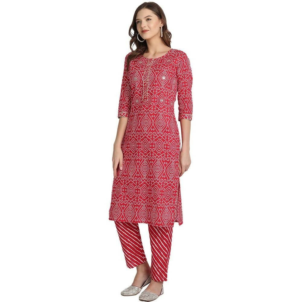 Anubhutee Women Bandhani Printed Red Kurta with Trousers - Distacart