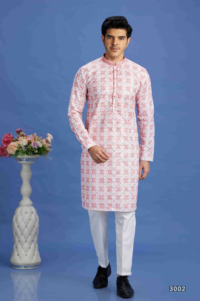 Raivat Ethnic Cotton Embroidery Kurta Pajama In Pink Colour - Dista