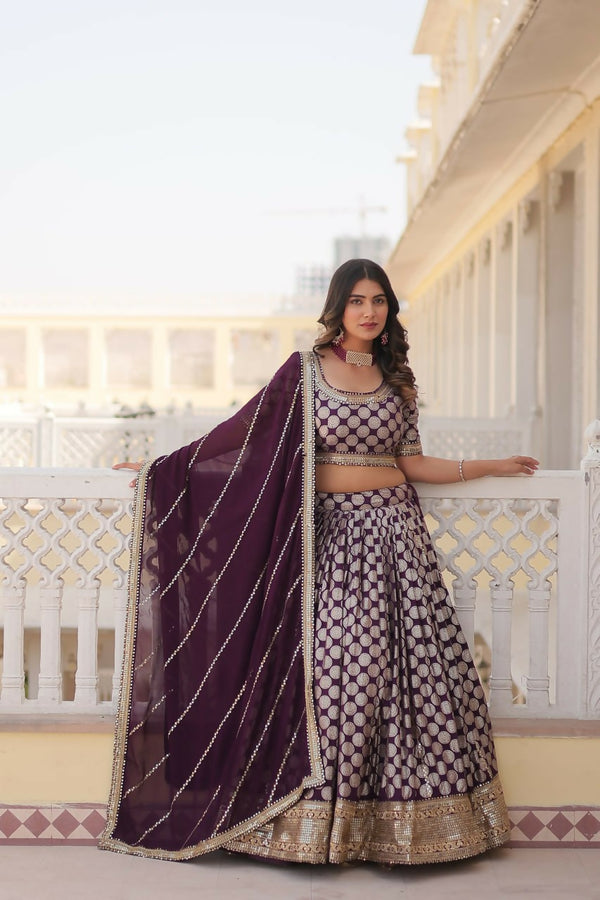 Preksha Creation Pure Dyable Viscose Jacquard With Embroidered Sequins Work Women Lehenga Choli - Wine - Distacart