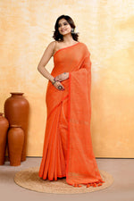 Thumbnail for Piyari Fashion Women's Orange Embellished Cotton Blend Zari Check Handloom Saree - Distacart