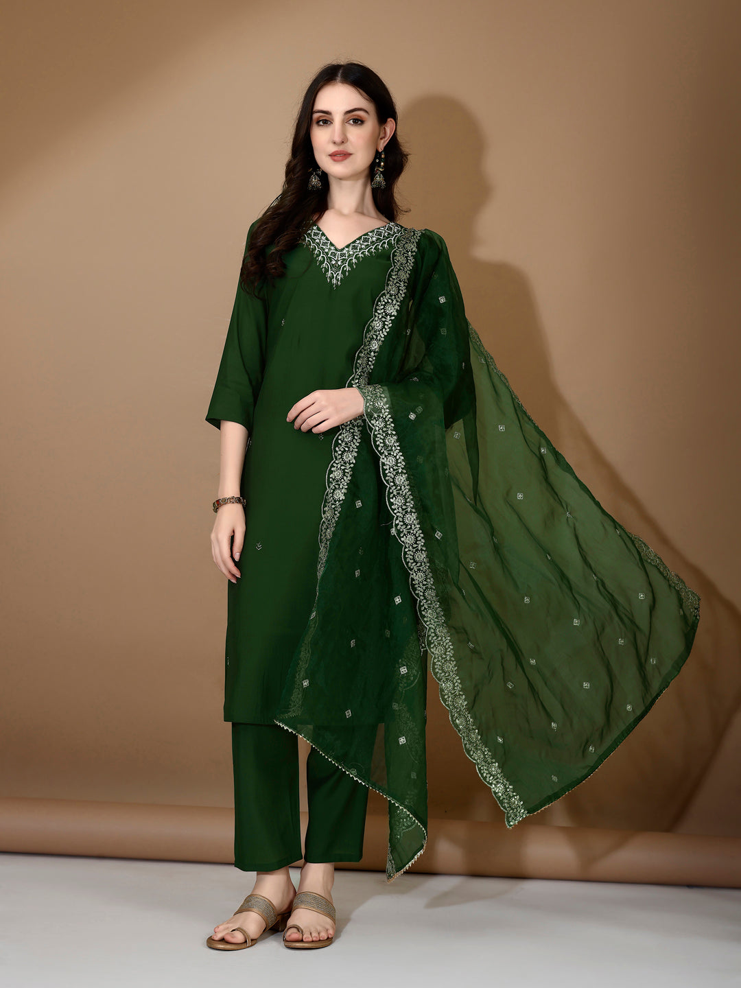 Hand Embroidered Kurta With Pant & Dupatta Premium Luxury, Green - Hiral Fashion - Distacart