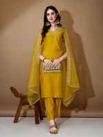 Thumbnail for Hand Embroidered Kurta With Pant & Dupatta Premium Luxury, Mustard - Hiral Fashion - Distacart