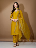 Thumbnail for Hand Embroidered Kurta With Pant & Dupatta Premium Luxury, Mustard - Hiral Fashion - Distacart
