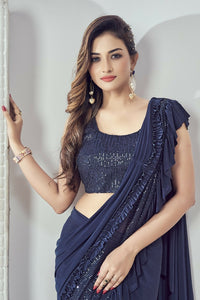 Thumbnail for Mahotsav Women's Navy Blue Lycra Embellished Ready To Wear Saree With Stitched Blouse - Distacart