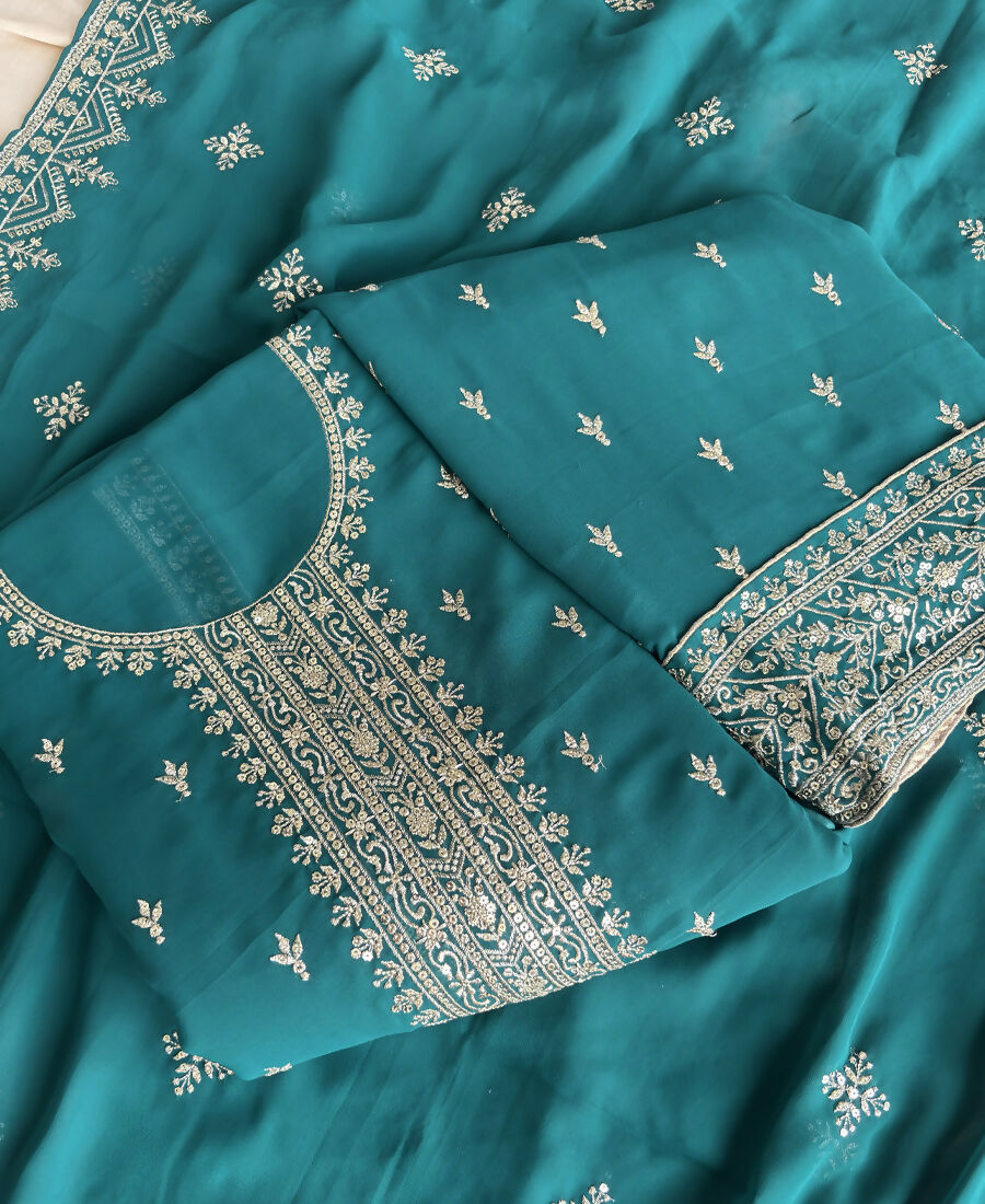 KC Aqua Blue Georgette Straight Suit With Heavy Embroidery - Dista