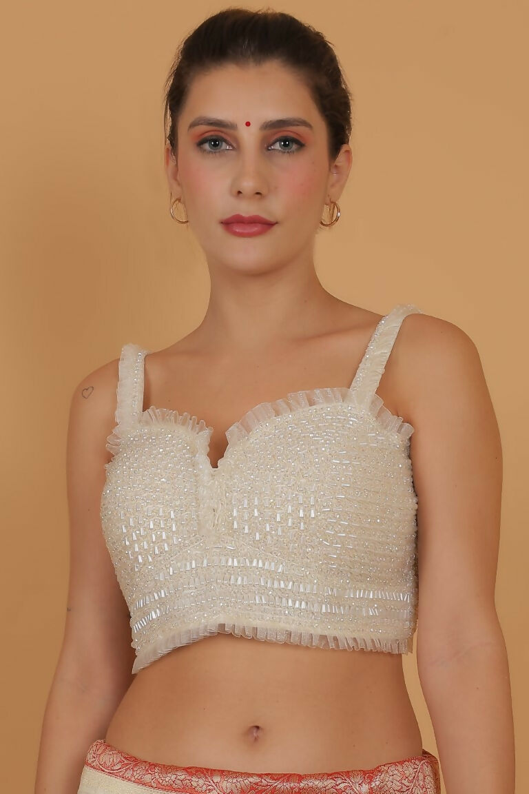 Joban Fashion Silk Pearl And Beads Hand Embroidery Padded Blouse - Pearl White