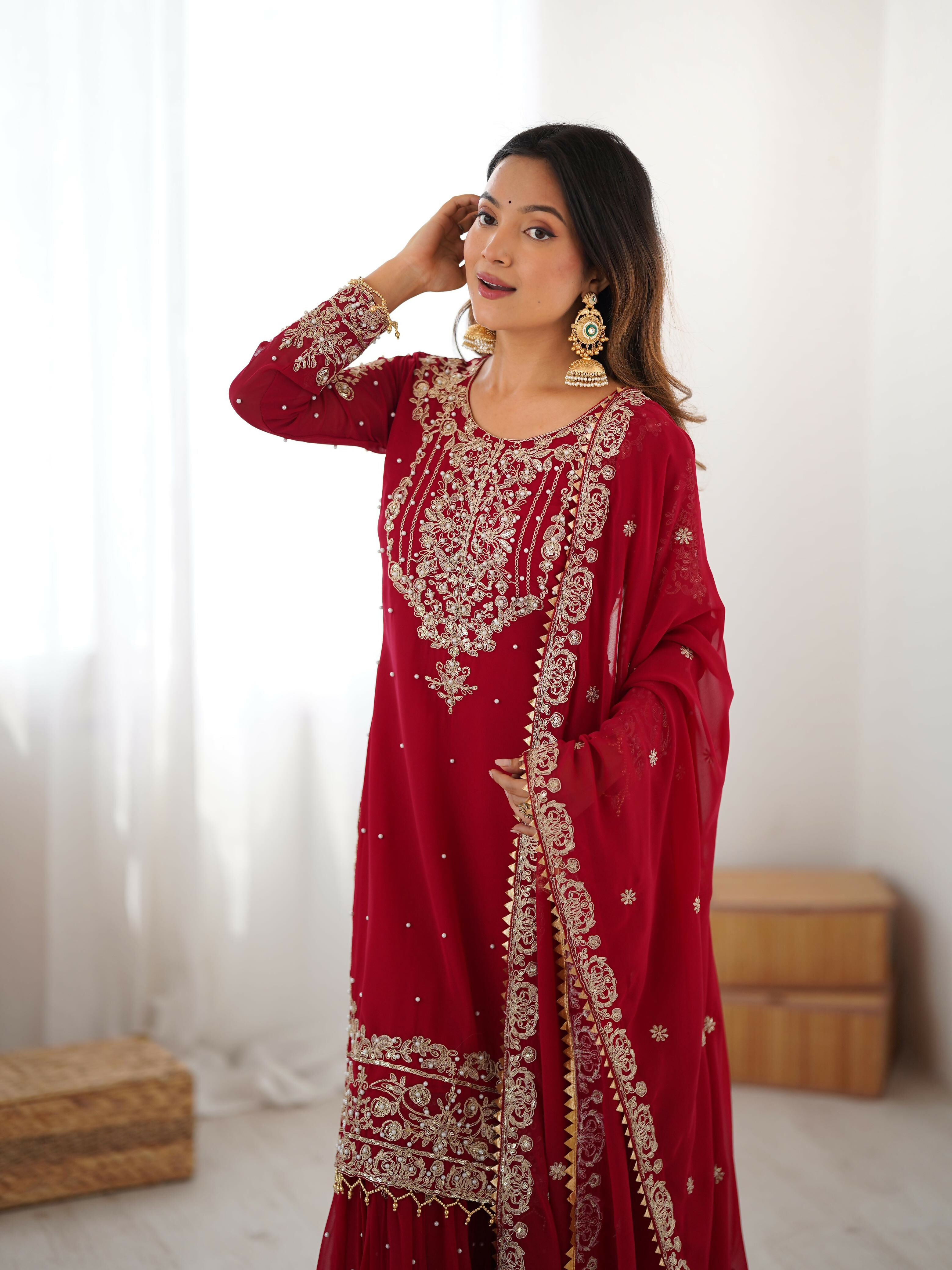 Joban Fashion Red Sharara Georgette Thread with Sequins work