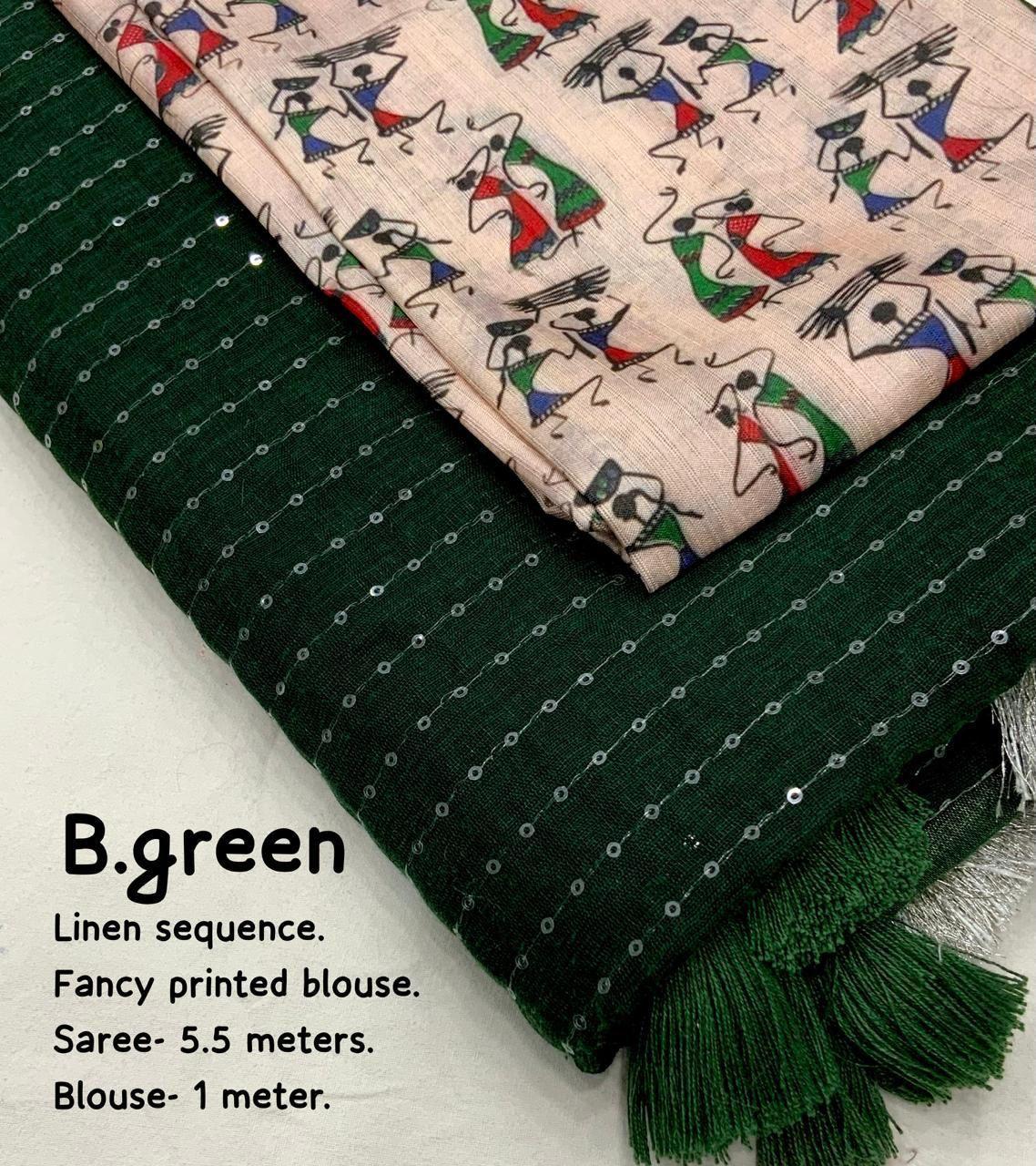 Green Linen Sequence Saree with Unstitched Blouse - Hiral Fashion - Distacart
