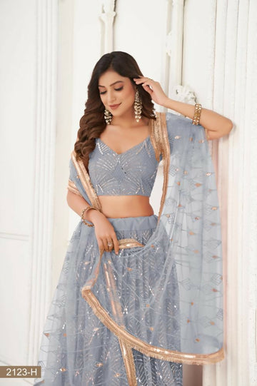 Aastha Fashion Light Gray Butterfly Net Tone To Tone Thread Work, Sequence Work And Original Mirror Work Embroidery Wedding Wear Lehenga Choli - Distacart