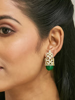 Thumbnail for Nuyug 22K Gold-Plated Green Gemstone & Zircon Studded Contemporary Filigree Motif Studs