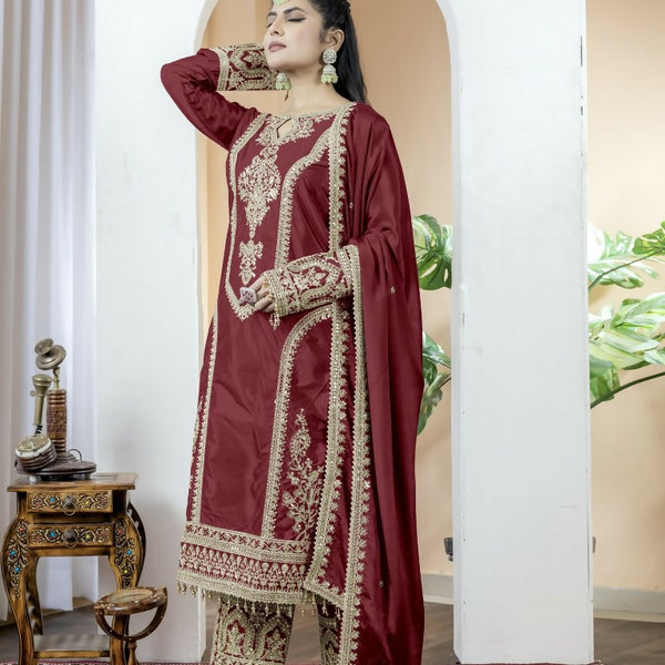 Teeya Creation Maroon Color Chinnon Silk Embroidery Work Fully Stitched Salwar Suit