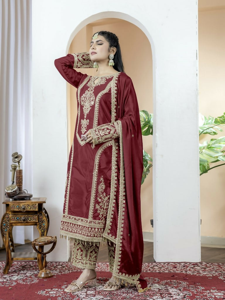 Teeya Creation Maroon Color Chinnon Silk Embroidery Work Fully Stitched Salwar Suit