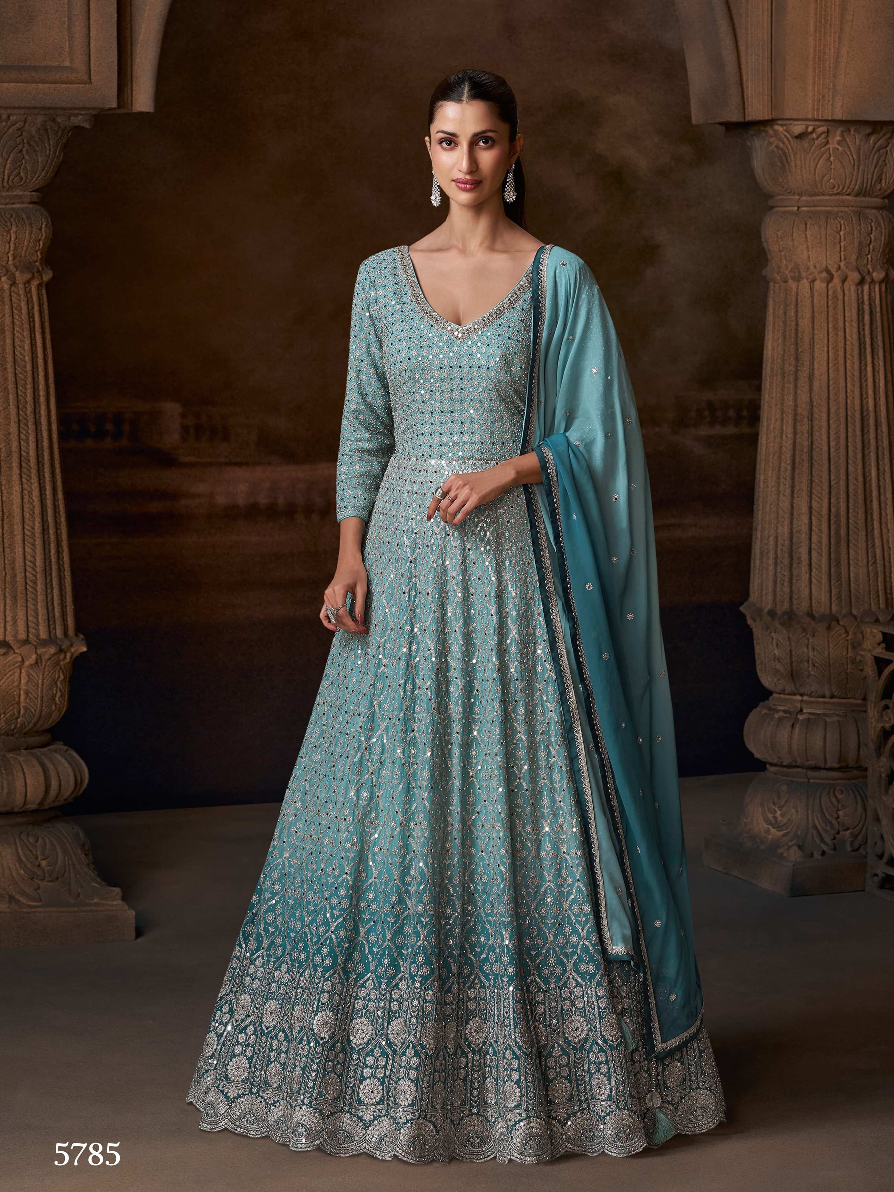Aarshi Fashions Light Blue Georgette Heavy Embroidery Wedding Gown