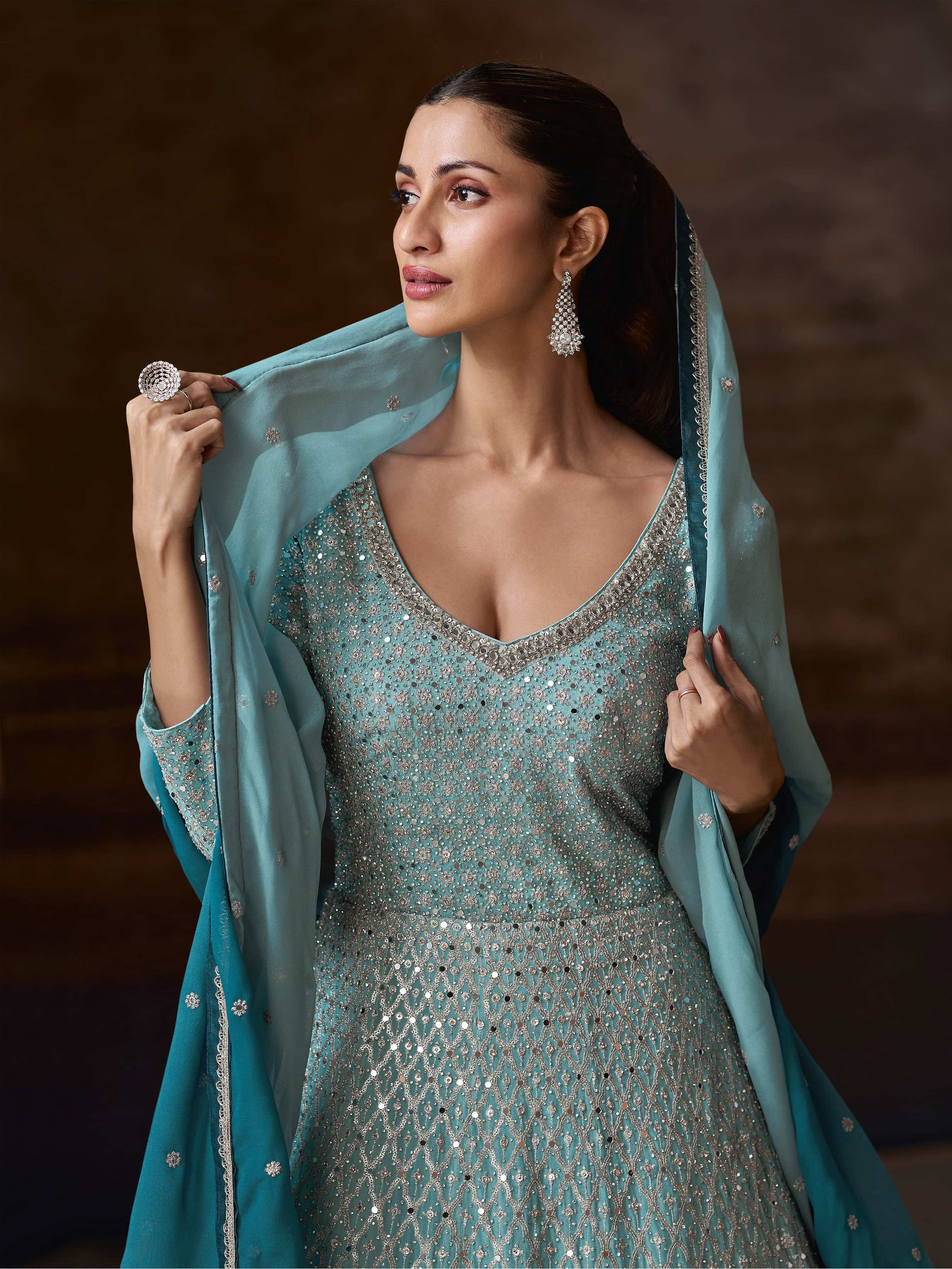 Aarshi Fashions Light Blue Georgette Heavy Embroidery Wedding Gown