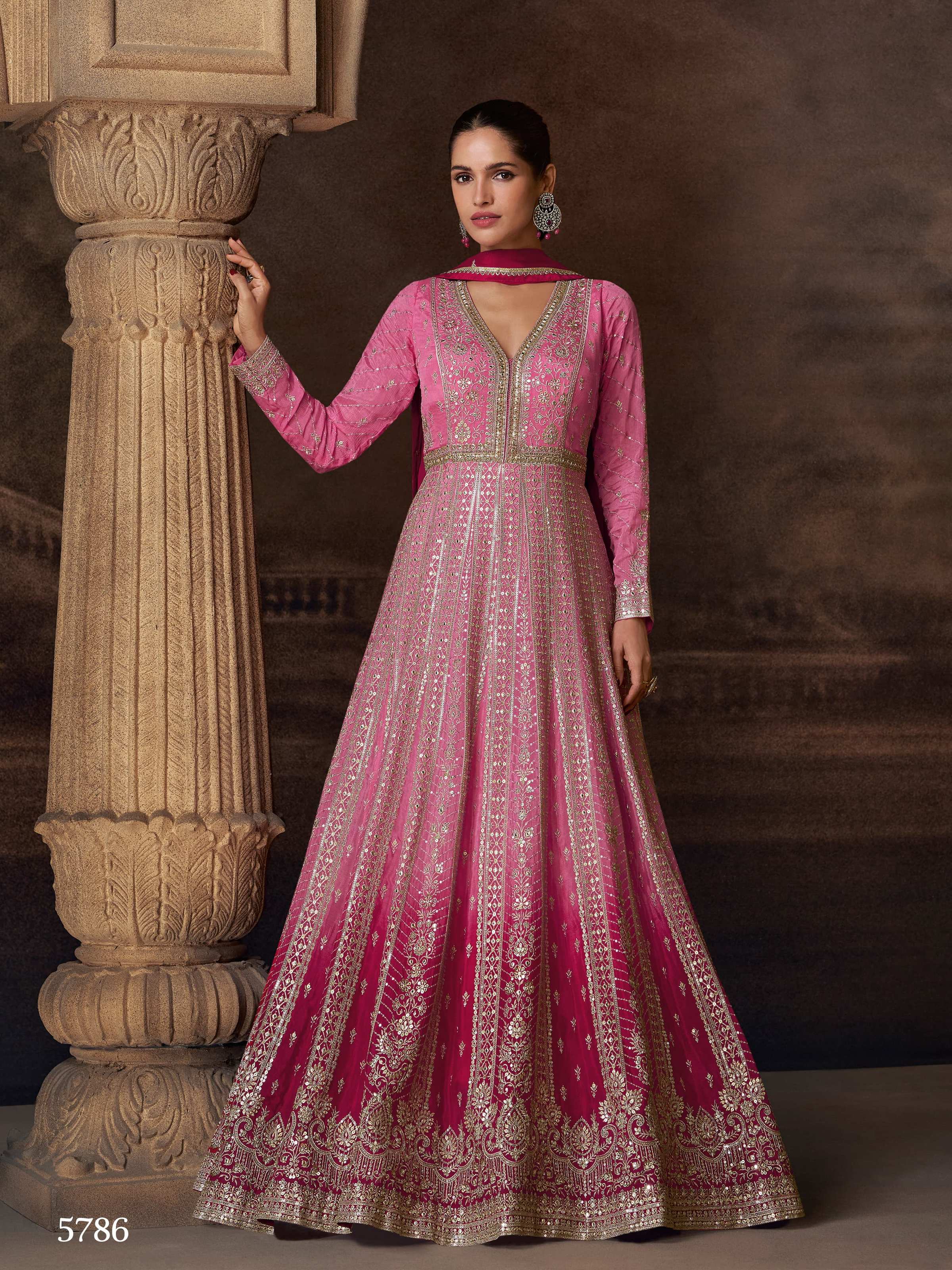 Aarshi Fashions Light Pink Georgette Heavy Embroidery Wedding Gown