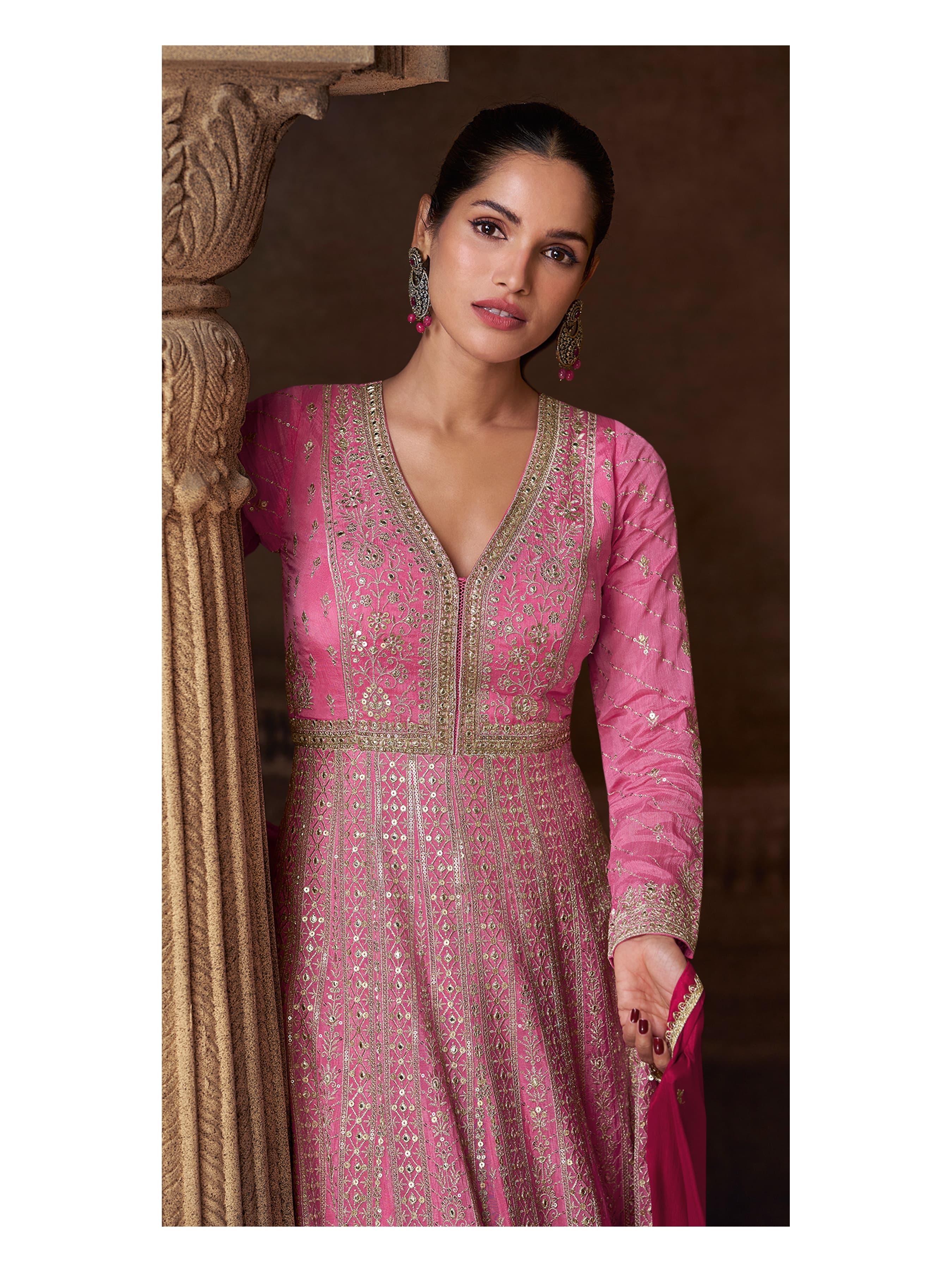 Aarshi Fashions Light Pink Georgette Heavy Embroidery Wedding Gown