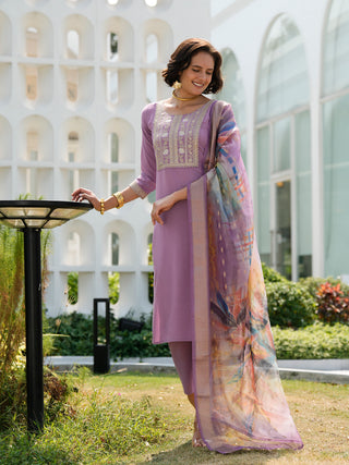 Avantini Women's Lavender Viscose Rayon Embroidered Kurta Pant With Dupatta
