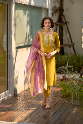 Avantini Women's Mustard Viscose Rayon Embroidered Kurta Pant With Dupatta