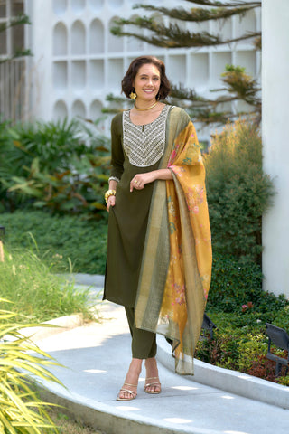 Avantini Women's Olive Viscose Rayon Embroidered Kurta Pant With Dupatta