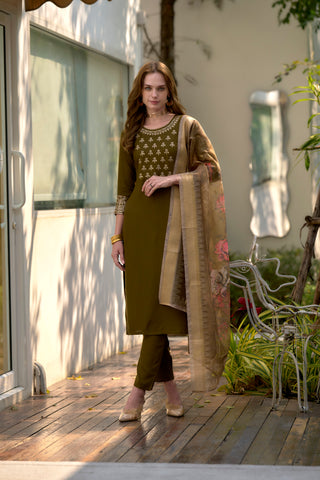 Avantini Women's Olive Rayon Embroidered Kurta Pant With Dupatta - Distacart