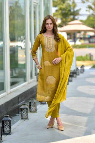 Avantini Women's Tissue Mustard Floral Printed With Embroidered Kurta Pant With Dupatta - Distacart