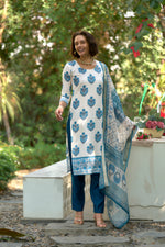 Thumbnail for Avantini Women's Cotton White Floral Printed With Chikankari Embroidered Kurta Pant With Dupatta