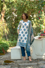 Thumbnail for Avantini Women's Cotton White Floral Printed With Chikankari Embroidered Kurta Pant With Dupatta