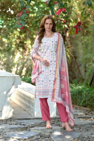 Avantini Women's Cotton White Blue Floral Printed With Chikankari Embroidered Kurta Pant With Dupatta - Distacart