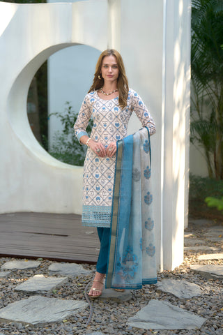 Avantini Women's Cotton White Floral Printed With Chikankari Embroidered Kurta Pant With Dupatta - Distacart