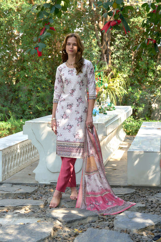 Avantini Women's Cotton White Pink Floral Printed With Chikankari Embroidered Kurta Pant With Dupatta - Distacart