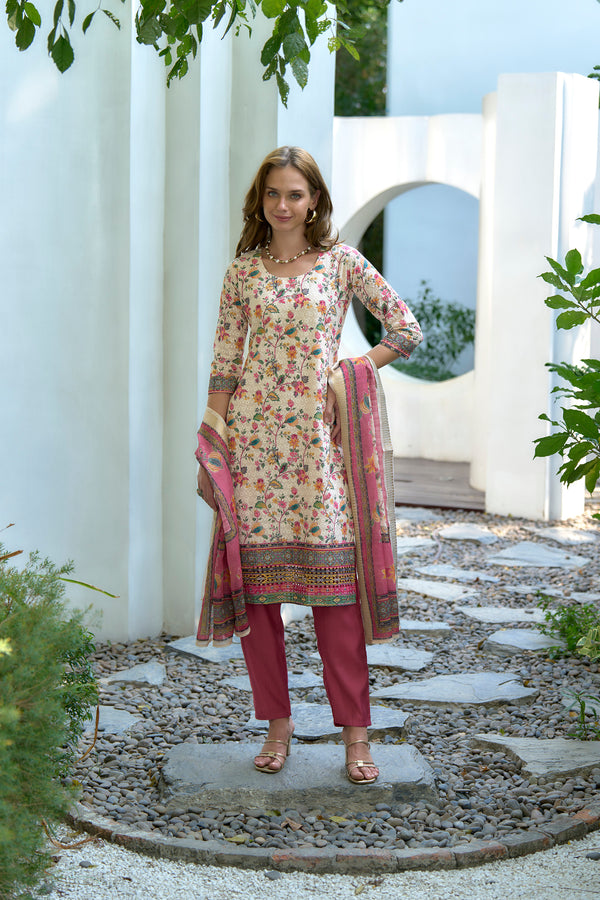 Avantini Women's Cotton Pink Floral Printed With Chikankari Embroidered Kurta Pant With Dupatta