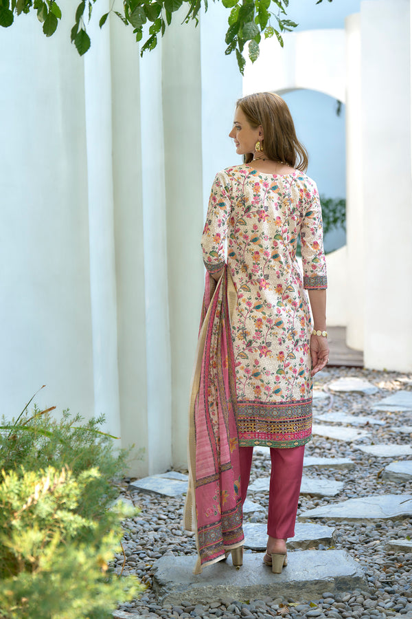 Avantini Women's Cotton Pink Floral Printed With Chikankari Embroidered Kurta Pant With Dupatta