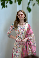 Thumbnail for Avantini Women's Cotton Pink Floral Printed With Chikankari Embroidered Kurta Pant With Dupatta