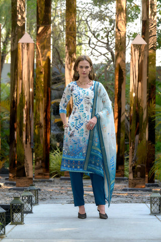 Avantini Women's Cotton Sky Blue Floral Printed With Chikankari Embroidered Kurta Pant With Dupatta - Distacart