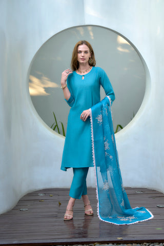 Avantini Women's Cotton Sky Blue Embellished Kurta Pant With Dupatta - Distacart