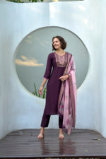 Thumbnail for Avantini Women's Cotton Purple Embroidered Kurta Pant With Dupatta