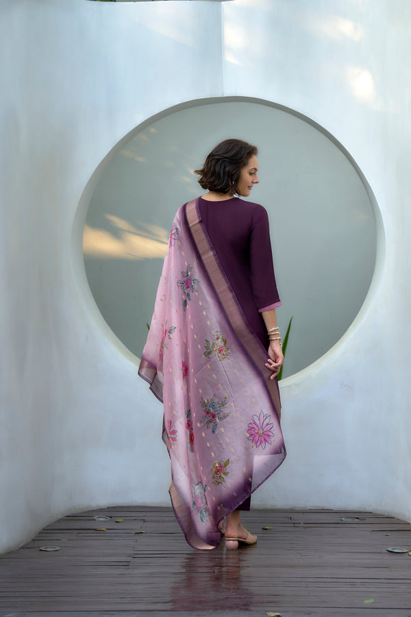 Avantini Women's Cotton Purple Embroidered Kurta Pant With Dupatta