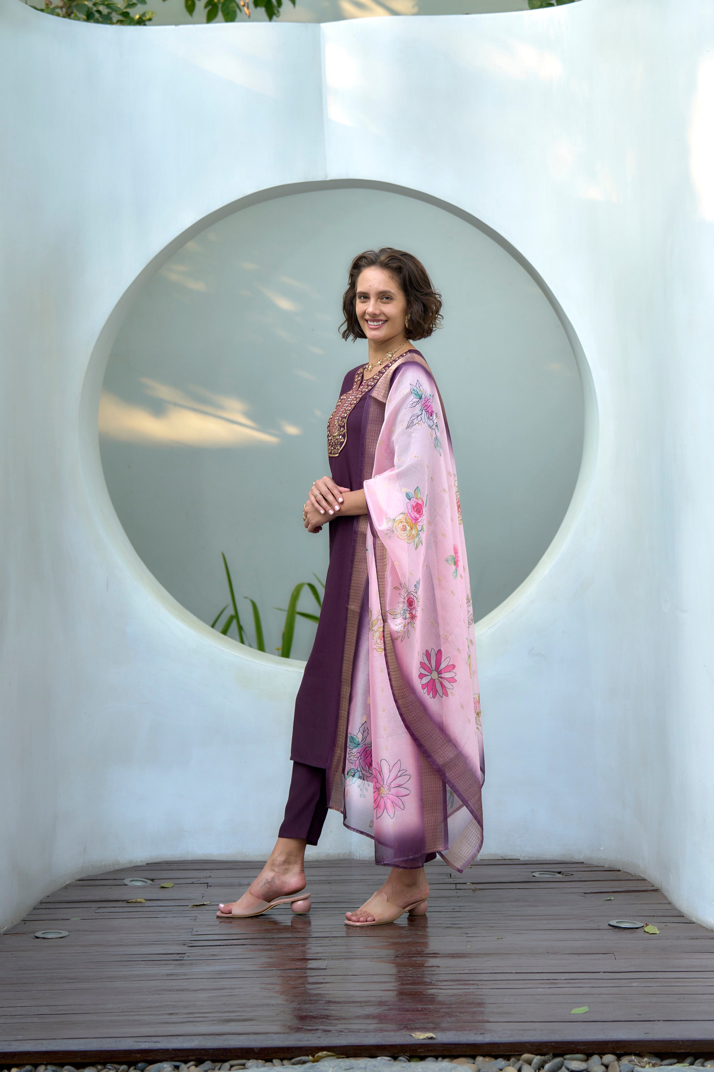 Avantini Women's Cotton Purple Embroidered Kurta Pant With Dupatta