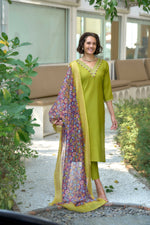 Thumbnail for Avantini Women's Cotton Light Green Embroidered Kurta Pant With Dupatta